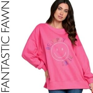 FANTASTIC FAWN Happy Smile Face Hot Pink Rhinestone Oversize Sweatshirt Sm To L